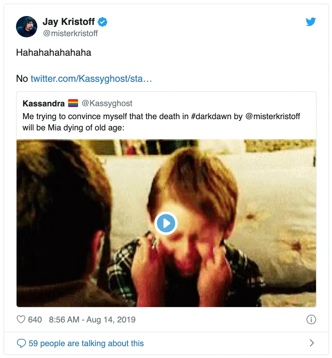 Screenshot of Jay Kristoff's tweet prior to the Darkdawn release where someone has tagged him in a tweet saying