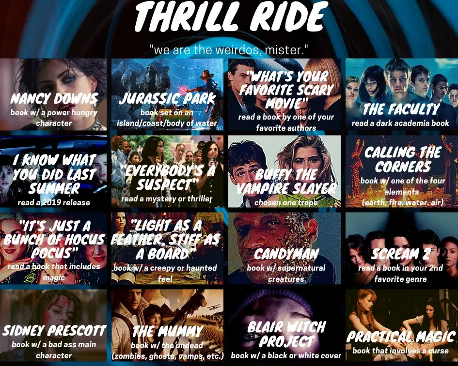 Pop Culture Readathon Thrill Ride prompts board