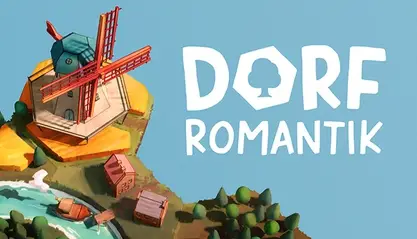 Dorfromantik cover. Stacked tiles depicting landscapes on a blue background with the words DORF ROMANTIK. The top stacked tile has a windmill.