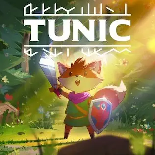 Tunic video game cover. A fox wearing a green tunic is holding a sword and a red and blue shield in front of a forest. The word TUNIC is above it with some fantasy language above and below the word.