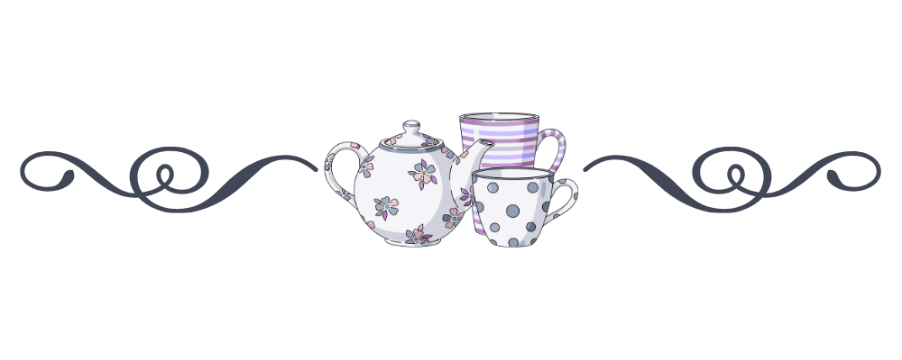 post divider featuring two swirls on either side of a teapot and two mugs